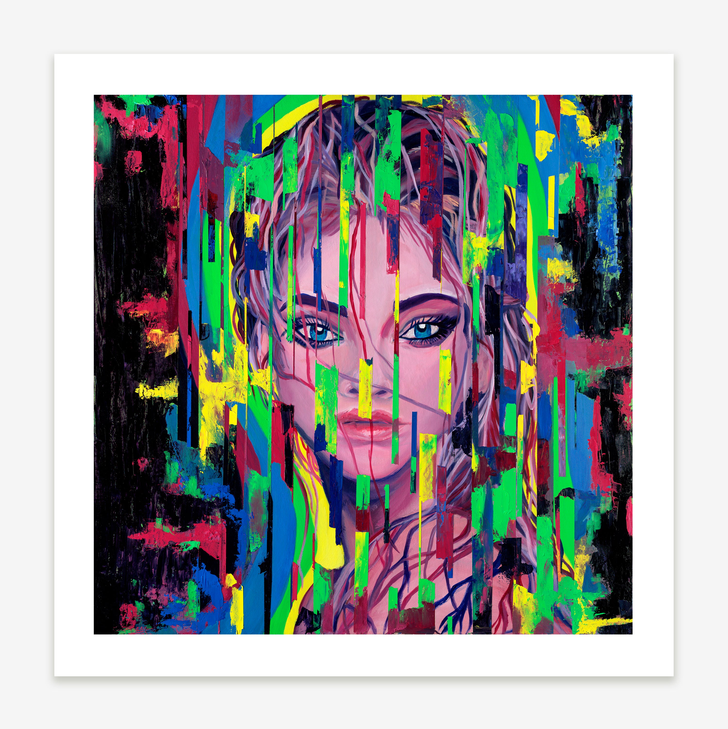 Female portrait art print with glitchy texture and pixels obstructing her face
