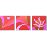 set of three wood panels with hot pink and red painted abstract plant designs