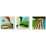 green abstract plant shapes painted on three wood panels
