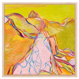 textured and colorful abstract painting of a rolling hills scene in a floating wood frame