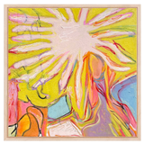 colorful and textured abstract painting of a sea creature, shapes, and female outline in a floating wood frame