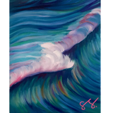 painting of a ocean wave breaking with blue and pink tones