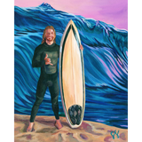Painting of a man in a wetsuit holding a shortboard standing in the sand in front of a giant wave and pastel pink sky