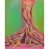 oil painting of a colorful and psychedelic moreton bay fig tree in Allerton Garden, Kauai Hawaii with a female nude body painted into the trunk of the tree