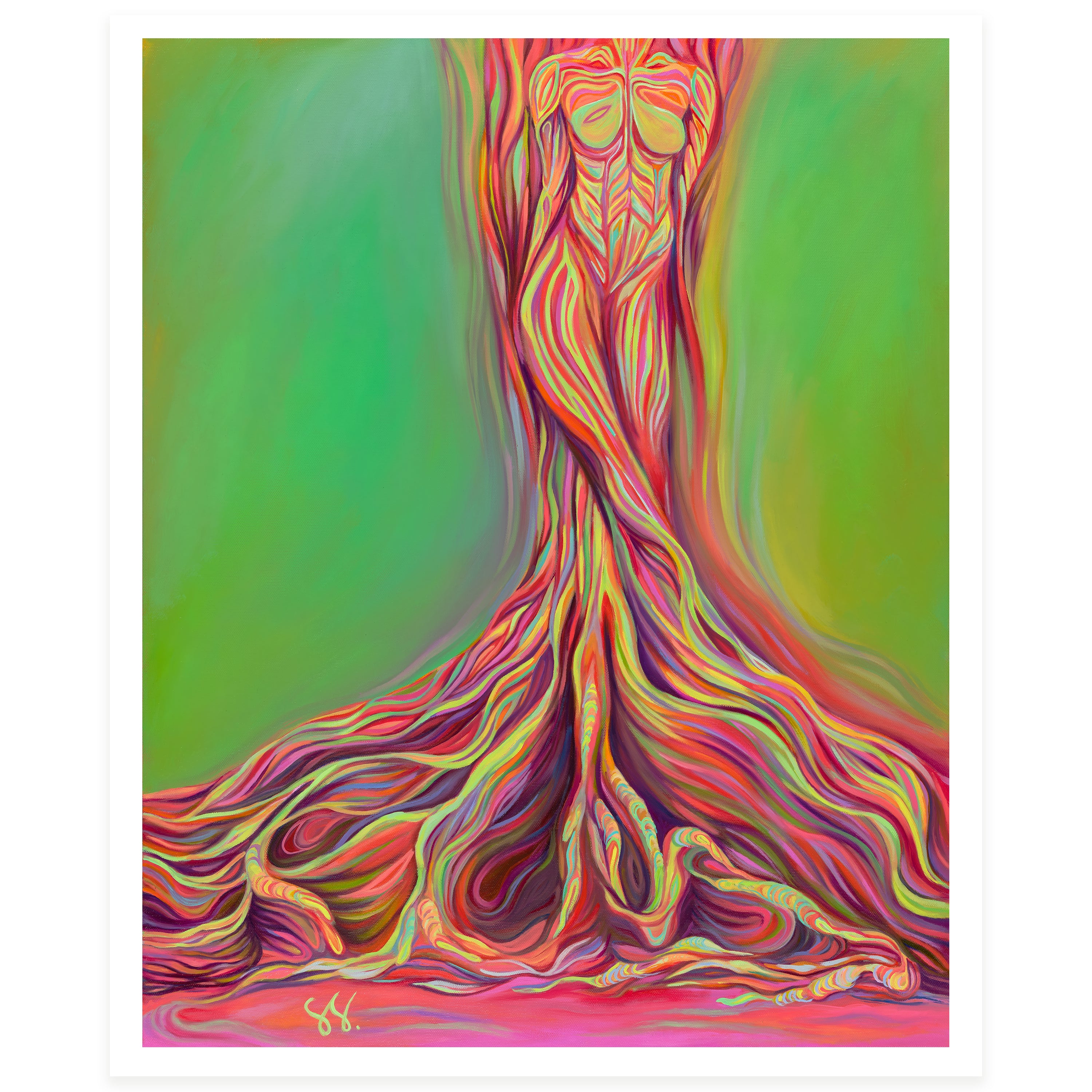 Giclee art print of a colorful tree painting of a muscular female nude figure in the tree trunk 
