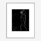 White abstract nude female figure art print on black speckled background
