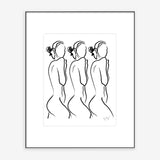 white and black abstract nude female figure art print with three nude silhouettes 