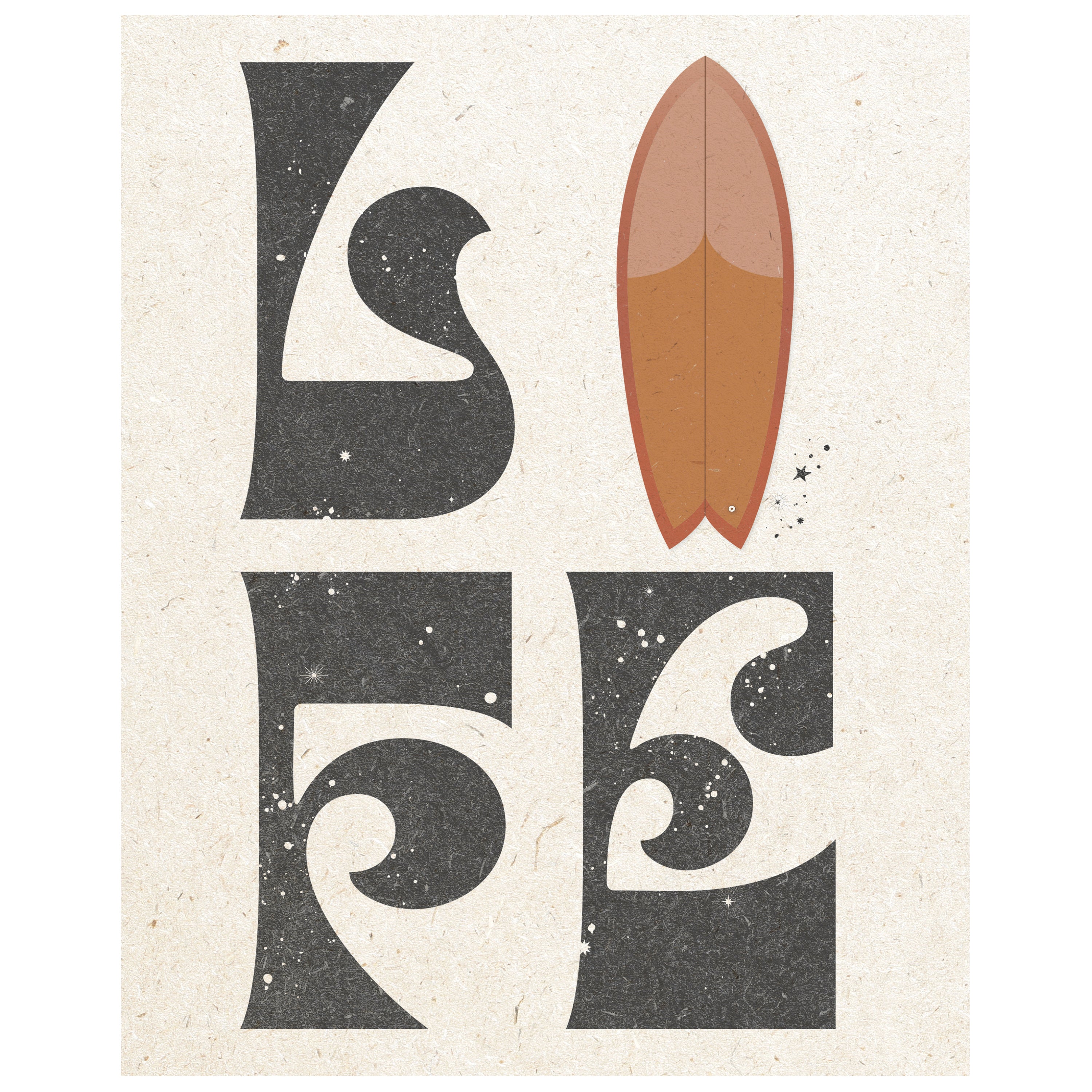 Vintage and retro art print of a fish surfboard and letters that are arranged to say "LIFE" with the surfboard as the I