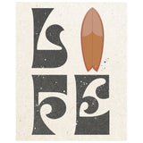 Vintage and retro art print of a fish surfboard and letters that are arranged to say "LIFE" with the surfboard as the I