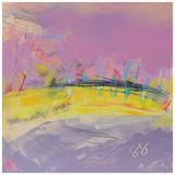 An abstract landscape painting featuring a prominent purple sky, a bright yellow field, and a gray foreground, with expressive brushstrokes in blue, pink, orange, and green.