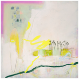 An abstract landscape painting featuring a white and pale pink background with yellow brushstrokes, green blocks, black palm tree silhouettes, and a dark green curved line at the bottom.