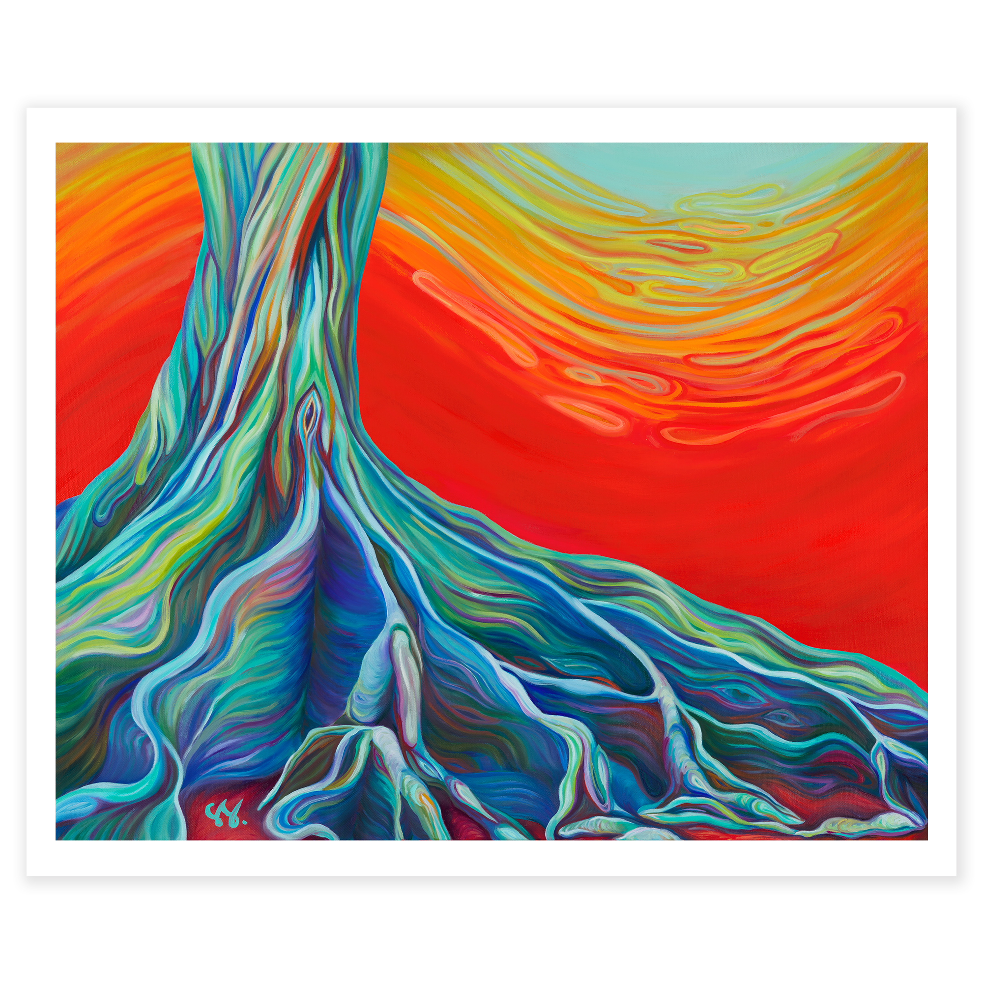 Oil painting of a surreal, ancient Moreton Bay Fig tree in Allerton Garden, Kauai, Hawaii with a psychedelic red and swirly background 