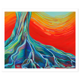 Oil painting of a surreal, ancient Moreton Bay Fig tree in Allerton Garden, Kauai, Hawaii with a psychedelic red and swirly background 
