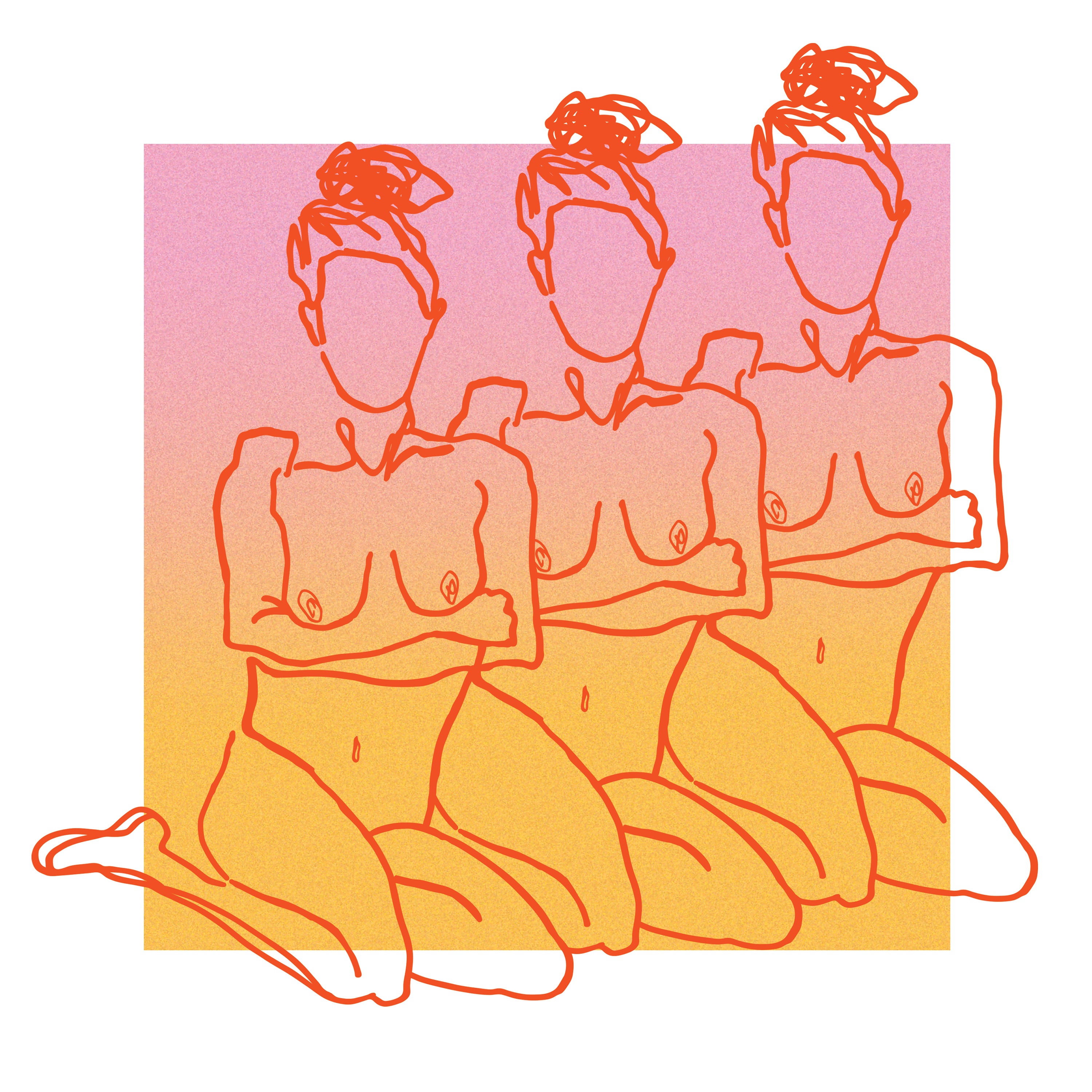 Red abstract nude female figure art print with three minimalist nude silhouettes over a pink and orange gradient background