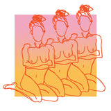 Red abstract nude female figure art print with three minimalist nude silhouettes over a pink and orange gradient background