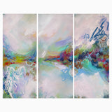 Abstract landscape oil painting with pastel colors and navy blue, painted across three canvases as a triptych 