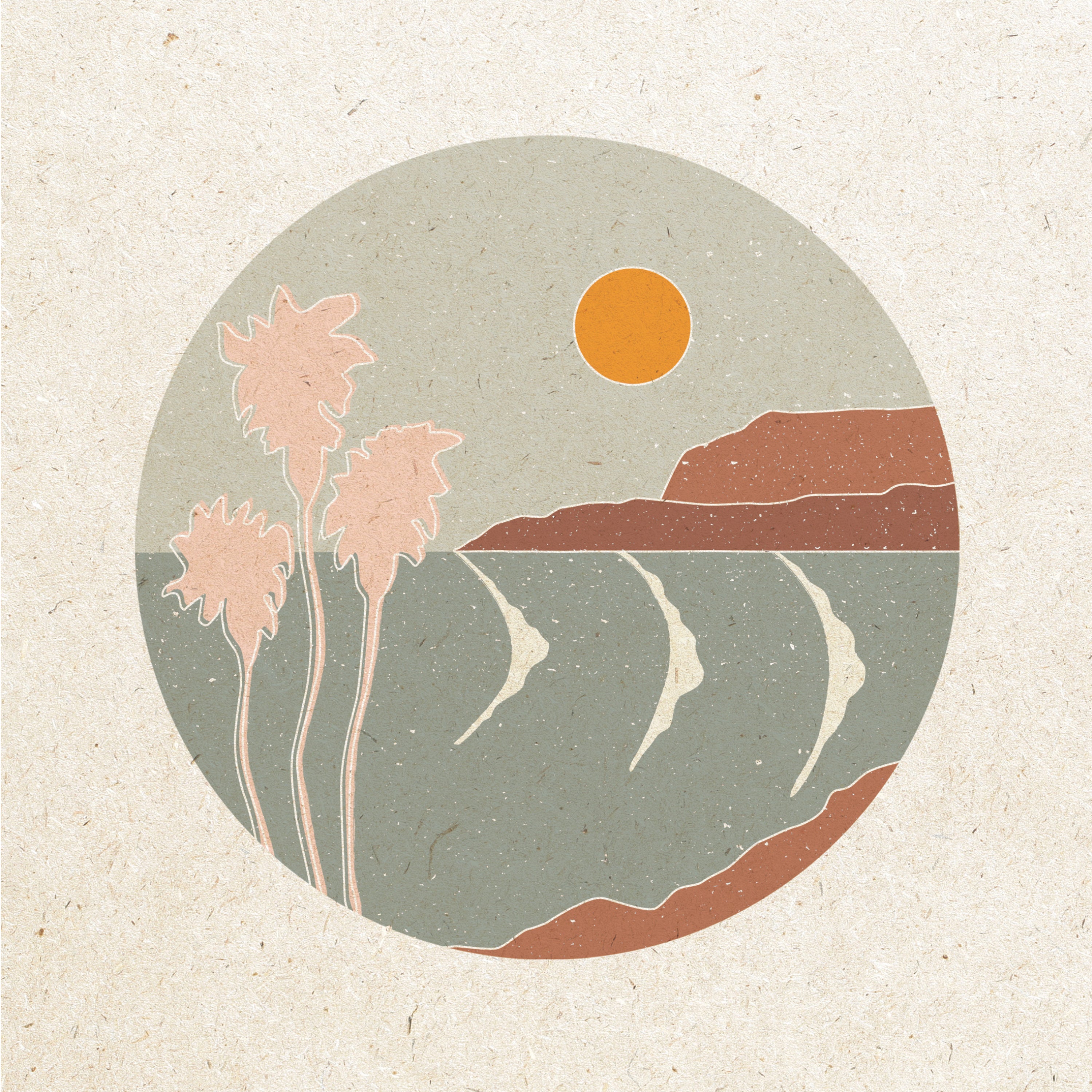 Vintage and retro art print of coastal scene illustration with cliffs, waves, sun, and palm trees 