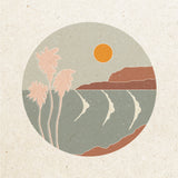 Vintage and retro art print of coastal scene illustration with cliffs, waves, sun, and palm trees 